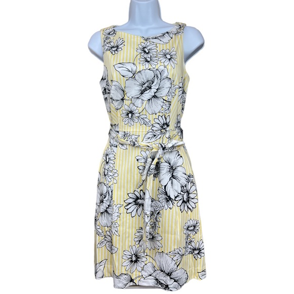 Sz4 Anne Klein Yellow Black White Floral Print Sleeveless Dress Belted - Picture 2 of 6